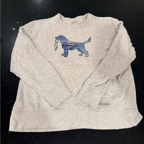 Life Is Good Heather Gray Sweatshirt with Blue Dog Design Macro Micro Dogscape - Picture 2 of 8